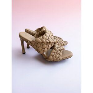 BOTTEGA VENETA Tan Intrecciato Woven Leather Sandals Heels Size 37 / US 7